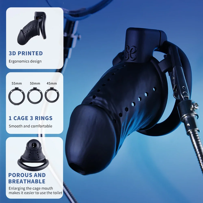 Lightweight Realistic Black Cock Cage Set - 3 Base Rings Included
