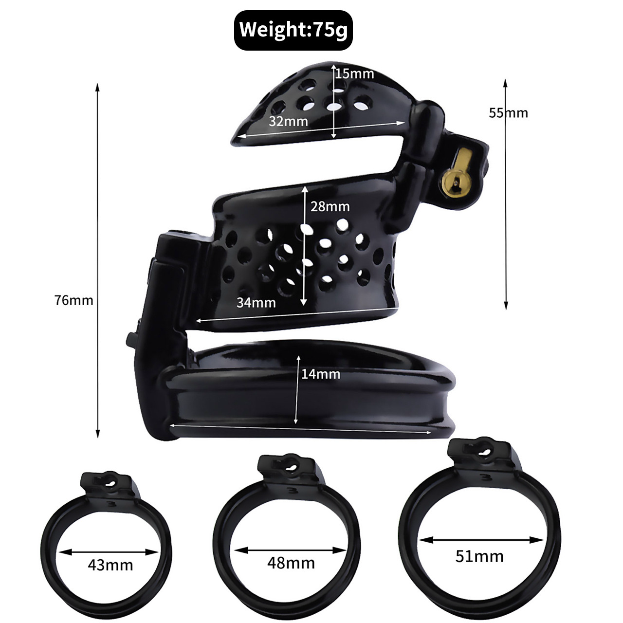 Double Locked 3D Printed Black Chastity Cage with Removable Cap