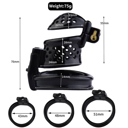 Double Locked 3D Printed Black Chastity Cage with Removable Cap