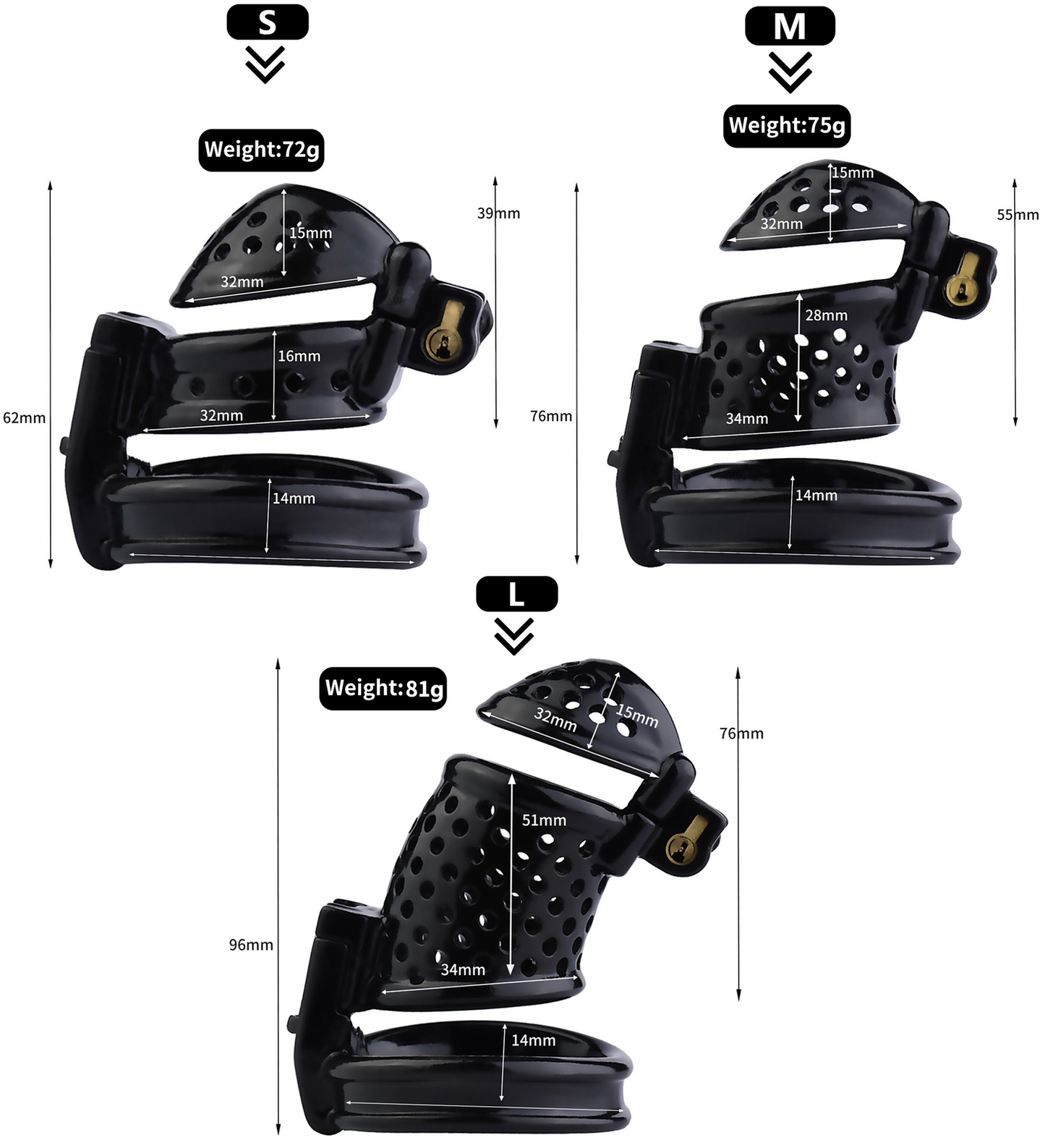 Double Locked 3D Printed Black Chastity Cage with Removable Cap