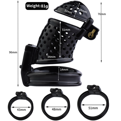 Double Locked 3D Printed Black Chastity Cage with Removable Cap