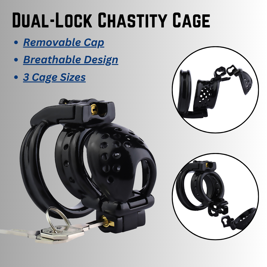 Double Locked 3D Printed Black Chastity Cage with Removable Cap