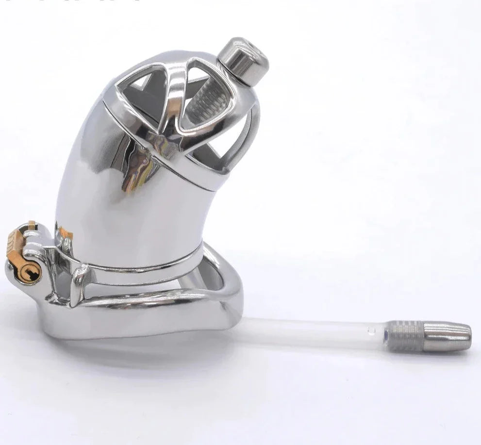 Stainless Steel Chastity Cage with Silicone Urethral Catheter