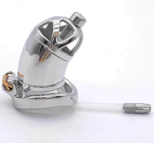 Stainless Steel Chastity Cage with Silicone Urethral Catheter