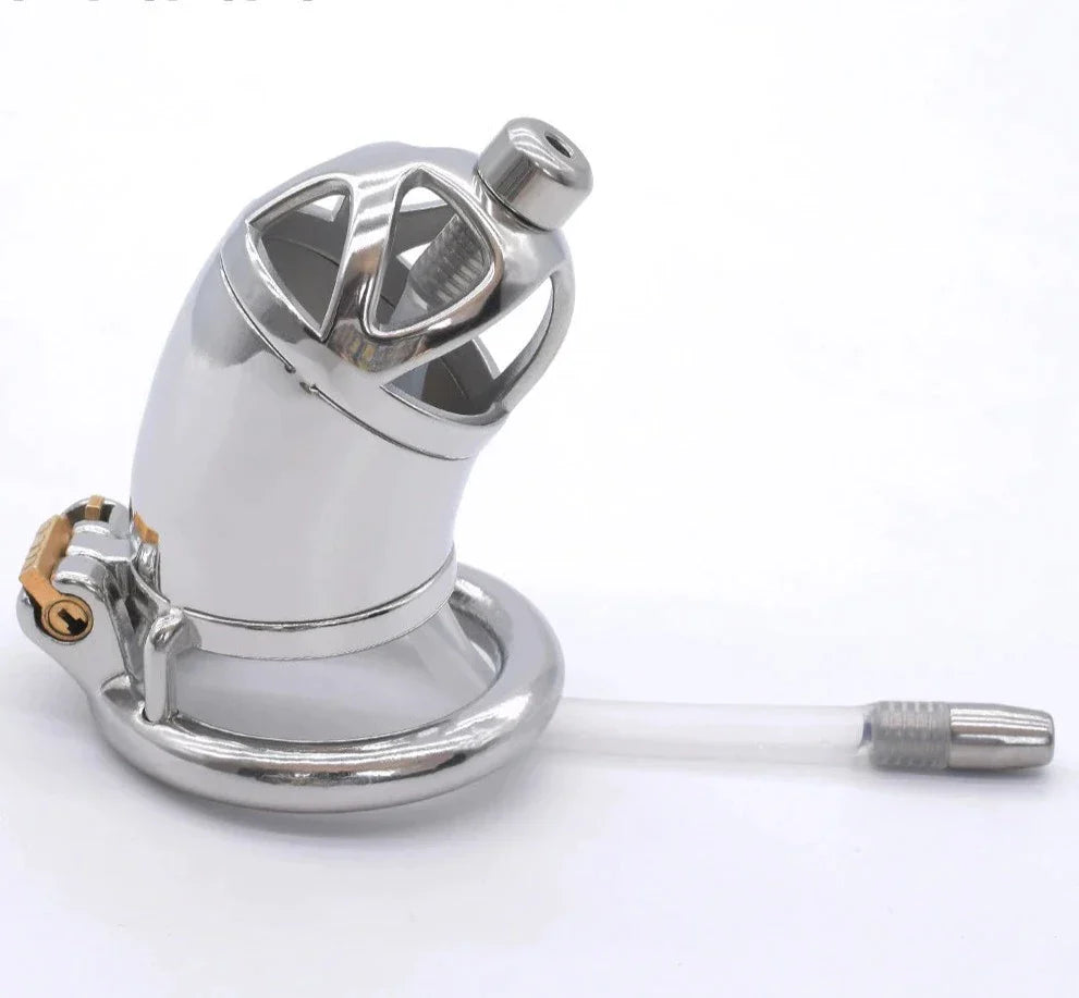 Stainless Steel Chastity Cage with Silicone Urethral Catheter