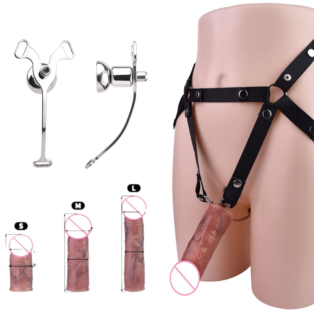 Inverted Chastity Cage Belt with Realistic Dildo Attachment