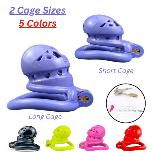 Tiny Plastic Chastity Cage with 4 Penis Rings - Short/Long Cage Sizes and MultiColors
