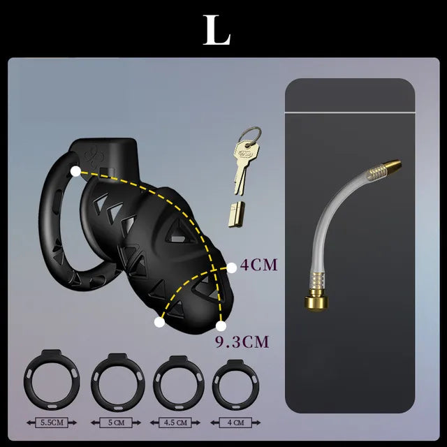 Rattlesnake Cobra Chastity Cage Belt with Anal Plug, Urethral Tube and 4 Penis Rings