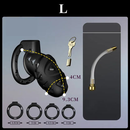 Rattlesnake Cobra Chastity Cage Belt with Anal Plug, Urethral Tube and 4 Penis Rings