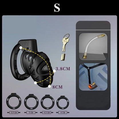 Rattlesnake Cobra Chastity Cage Belt with Anal Plug, Urethral Tube and 4 Penis Rings
