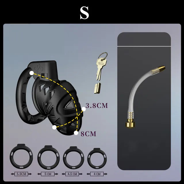 Rattlesnake Cobra Chastity Cage Belt with Anal Plug, Urethral Tube and 4 Penis Rings