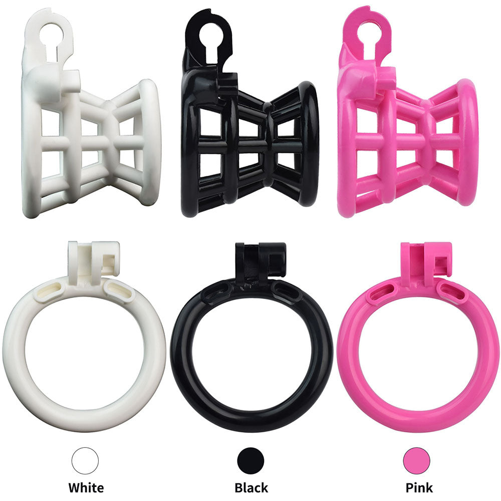 Resin Negative Chastity Cage with 4 Rings - Black/Pink/White