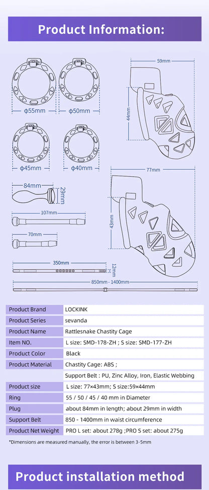 Rattlesnake Cobra Chastity Cage Belt with Anal Plug, Urethral Tube and 4 Penis Rings