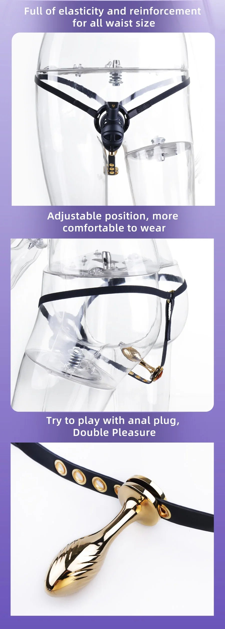 Rattlesnake Cobra Chastity Cage Belt with Anal Plug, Urethral Tube and 4 Penis Rings