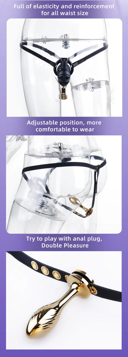 Rattlesnake Cobra Chastity Cage Belt with Anal Plug, Urethral Tube and 4 Penis Rings