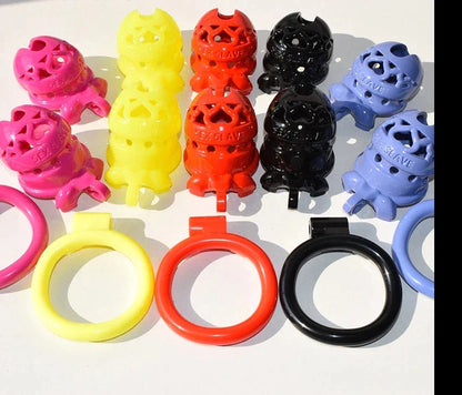 Tiny Plastic Chastity Cage with 4 Penis Rings - Short/Long Cage Sizes and MultiColors