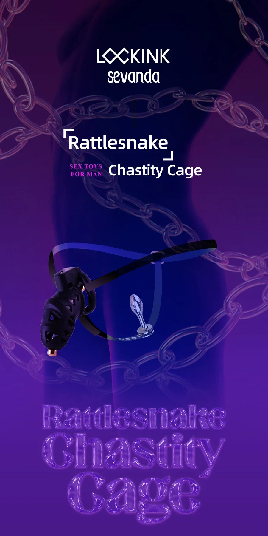Rattlesnake Cobra Chastity Cage Belt with Anal Plug, Urethral Tube and 4 Penis Rings