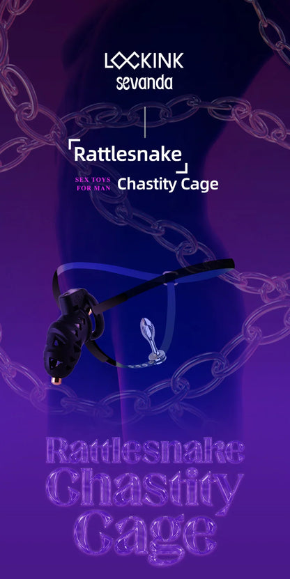 Rattlesnake Cobra Chastity Cage Belt with Anal Plug, Urethral Tube and 4 Penis Rings