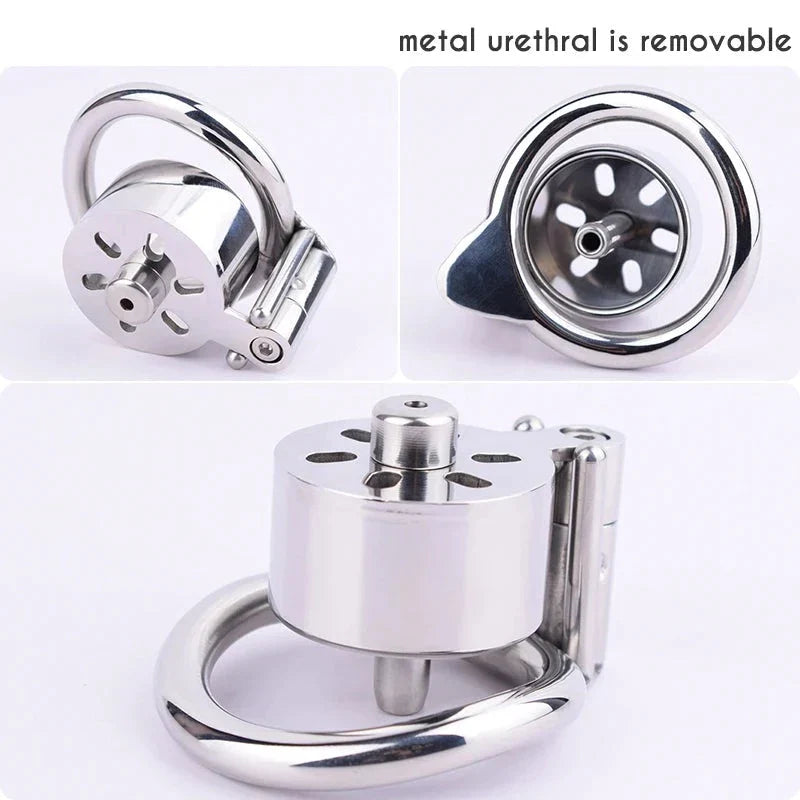 Small Flat Chastity Cage with Metal Catheter and PU Belt