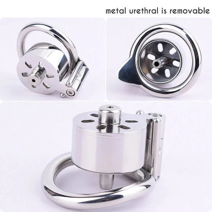 Small Flat Chastity Cage with Metal Catheter and PU Belt