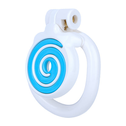 Blue and white Candy Heart Flat Chastity Cage front angle