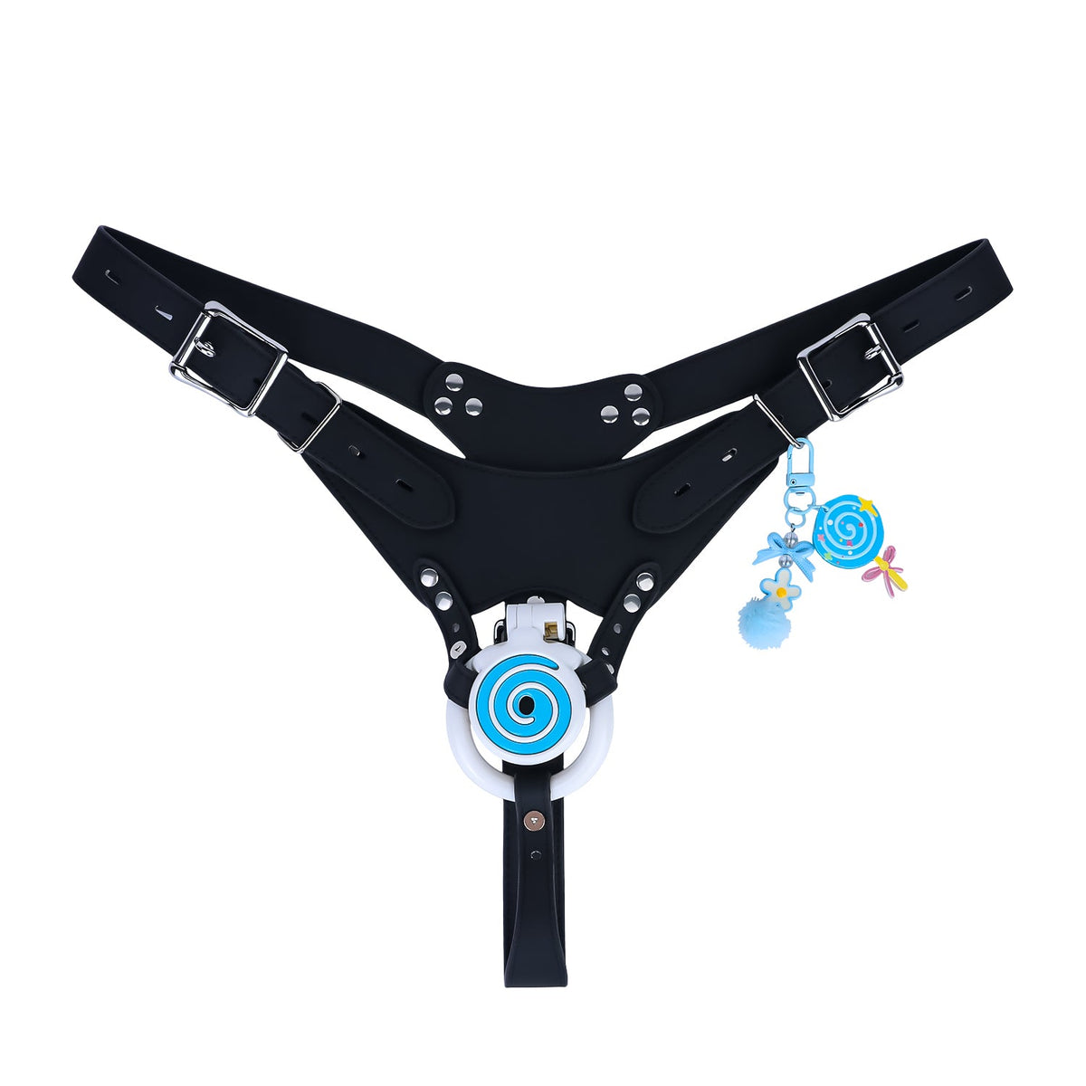 Blue and white cage with black belt, front view