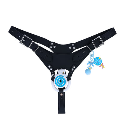 Blue and white cage with black belt, front view