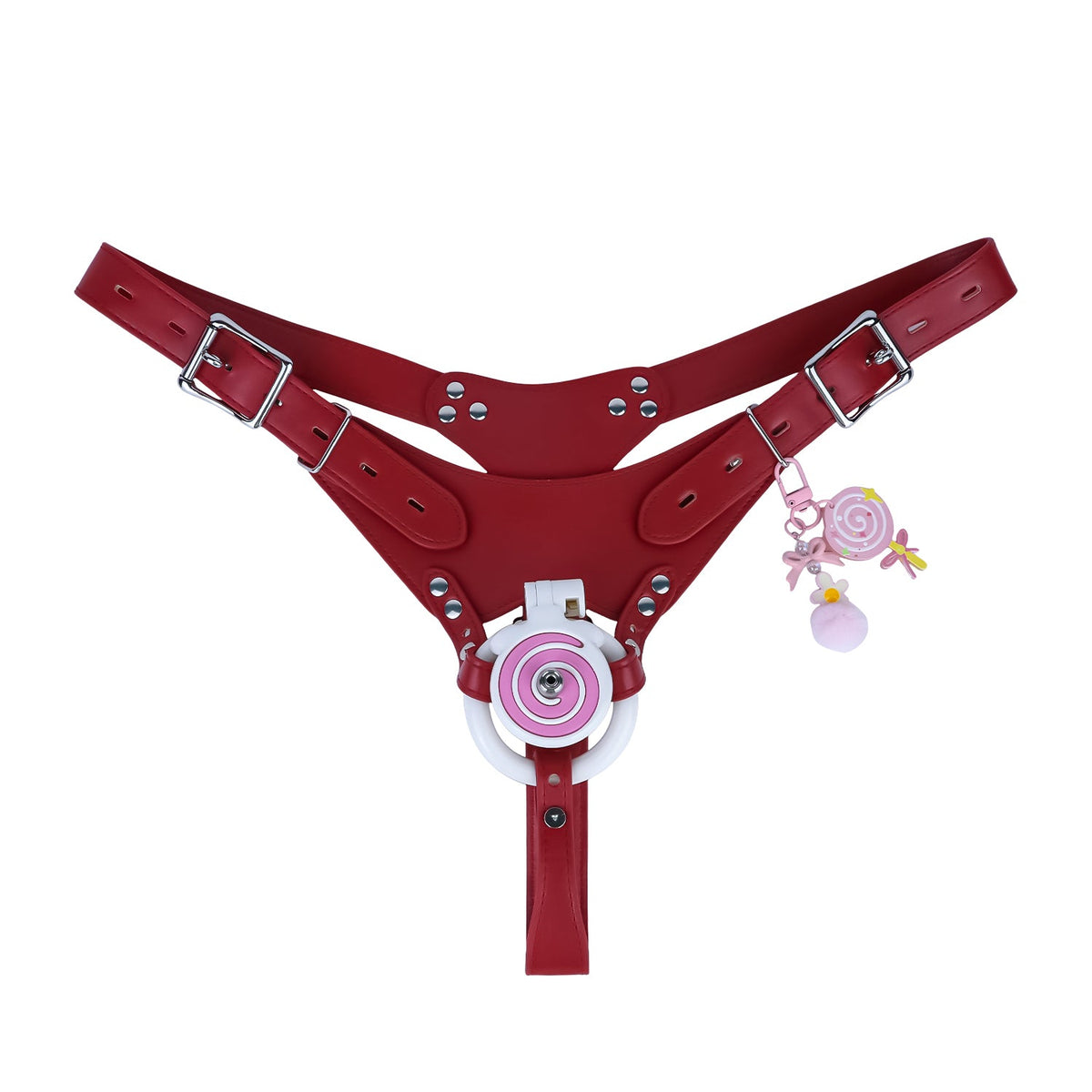 Pink and white cage with catheter and red belt