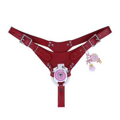 Pink and white cage with catheter and red belt