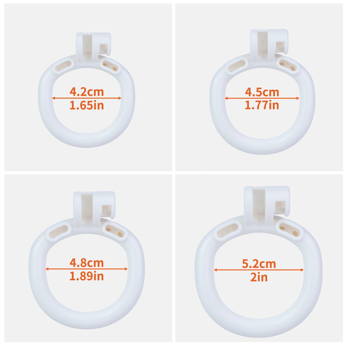 Four included base ring internal diameters: 4.2, 4.5, 4.8 and 5.2 cm