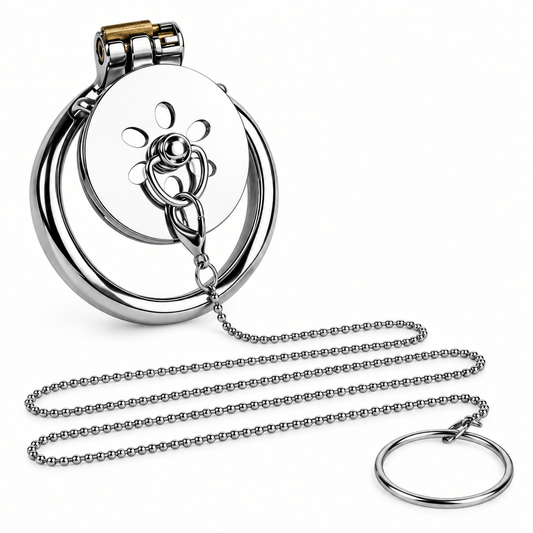Stainless Steel Flat Chastity Cage with Traction Chain