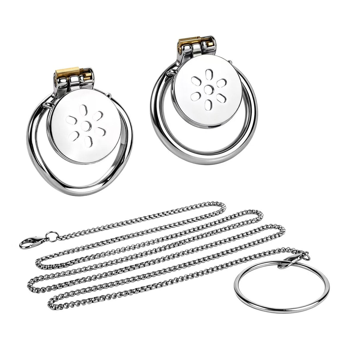 Stainless Steel Flat Chastity Cage with Traction Chain
