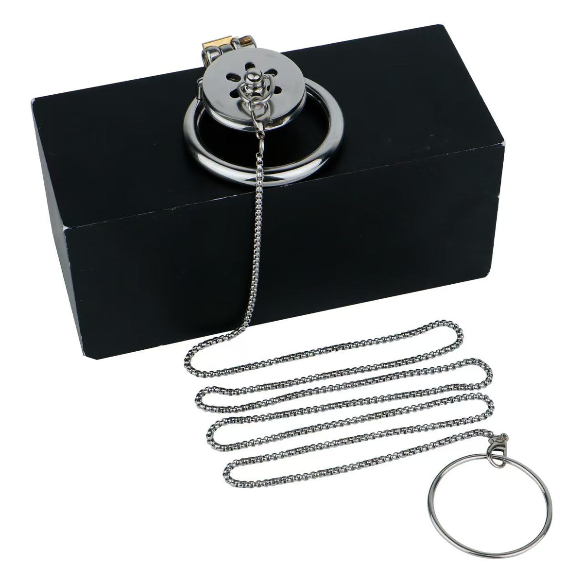 Stainless Steel Flat Chastity Cage with Traction Chain