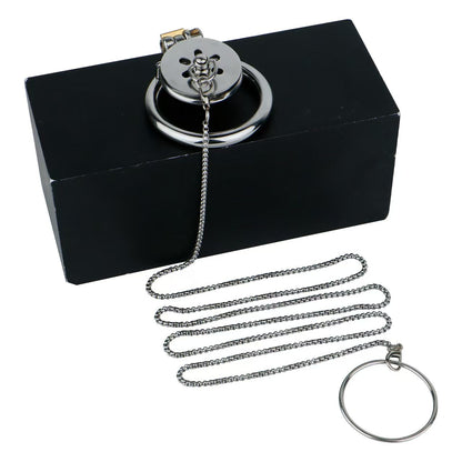 Stainless Steel Flat Chastity Cage with Traction Chain