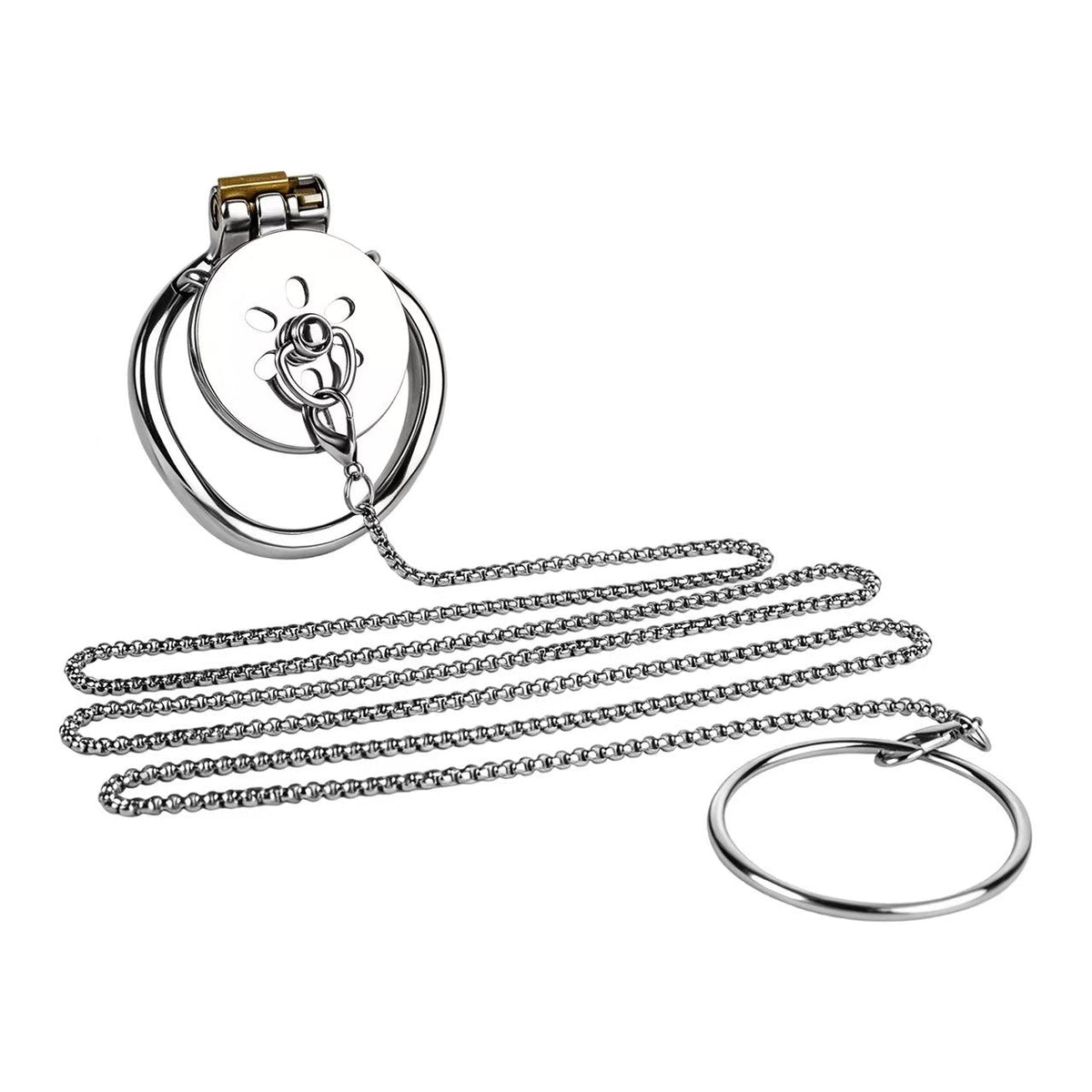 Stainless Steel Flat Chastity Cage with Traction Chain