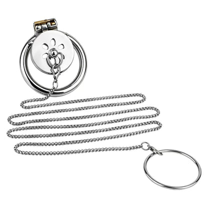 Stainless Steel Flat Chastity Cage with Traction Chain