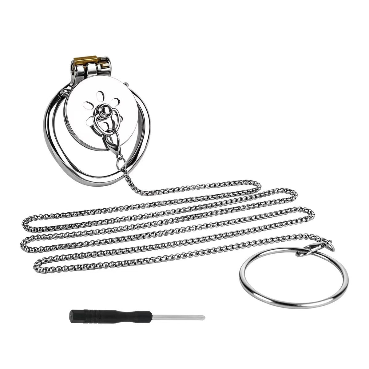 Stainless Steel Flat Chastity Cage with Traction Chain