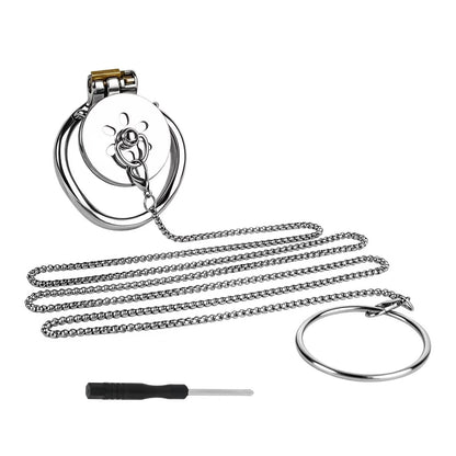Stainless Steel Flat Chastity Cage with Traction Chain