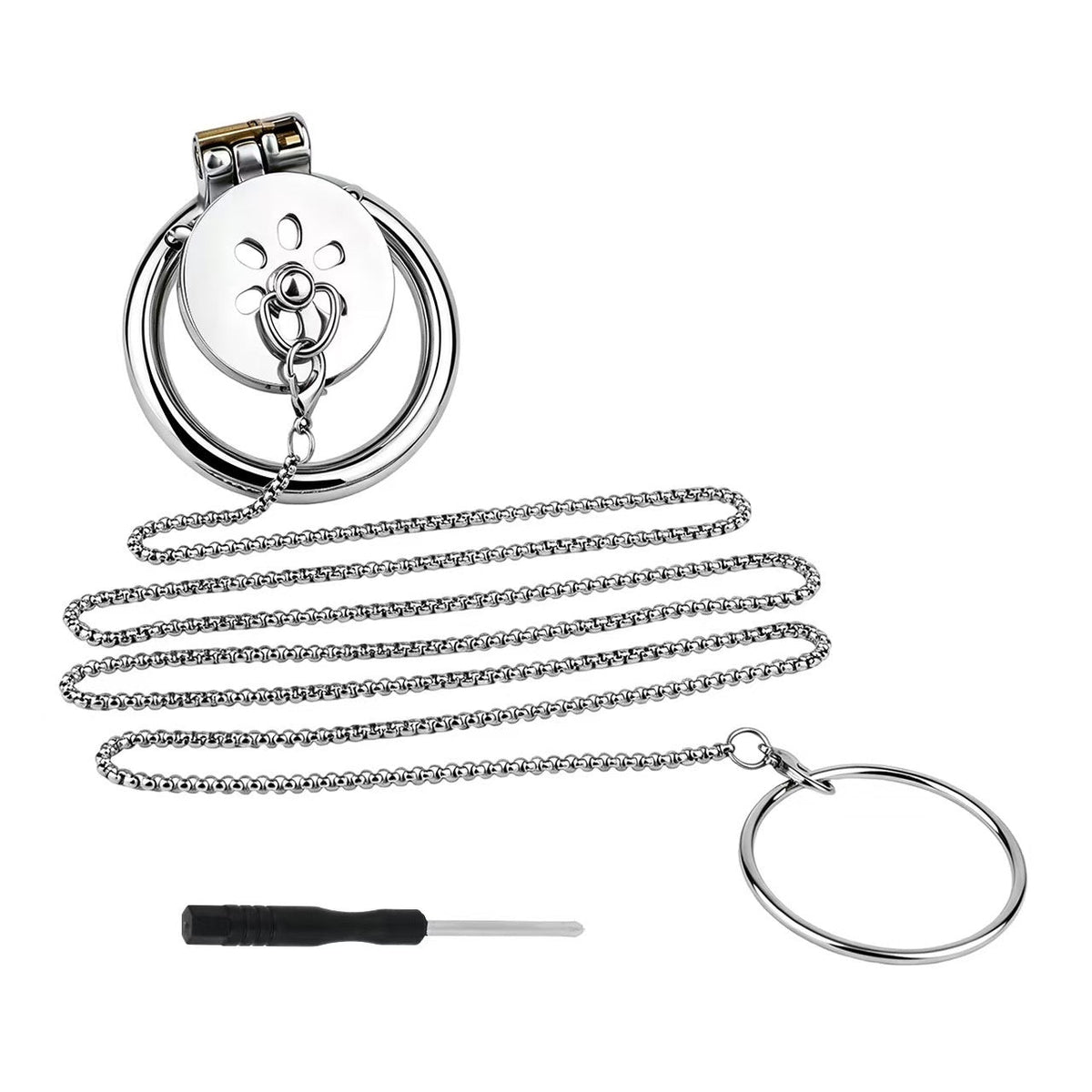 Stainless Steel Flat Chastity Cage with Traction Chain