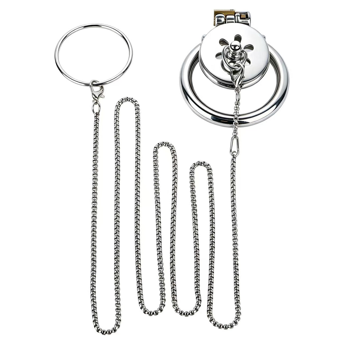 Stainless Steel Flat Chastity Cage with Traction Chain