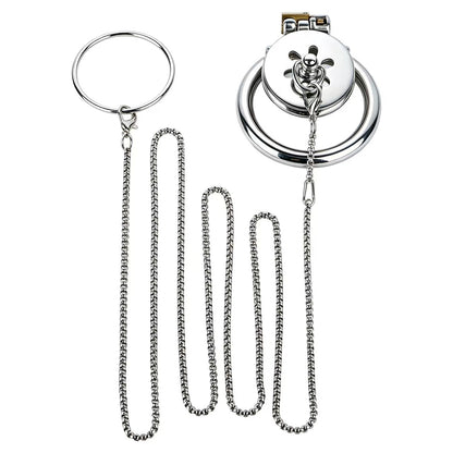 Stainless Steel Flat Chastity Cage with Traction Chain