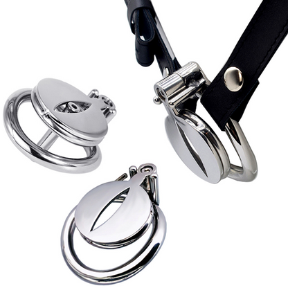 Super Small Flat Chastity Cage with Metal Urethral Tube and PU Belt