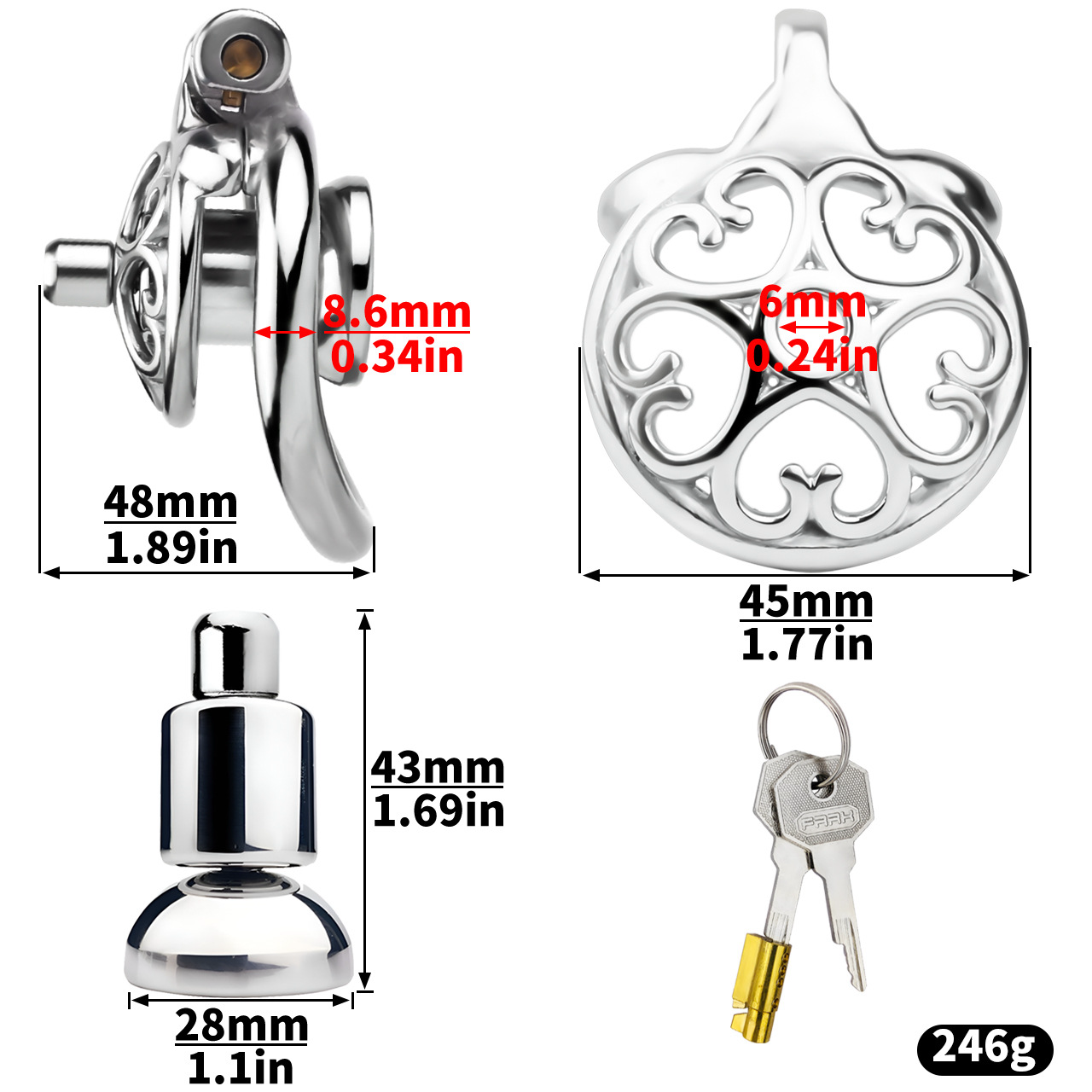 Flat Inverted Heart Chastity Cage with Removable Plug and Catheter