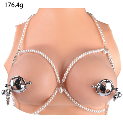 Bondage Bra with Flower Nipple Clamps - Metal/PU Leather/Pearl