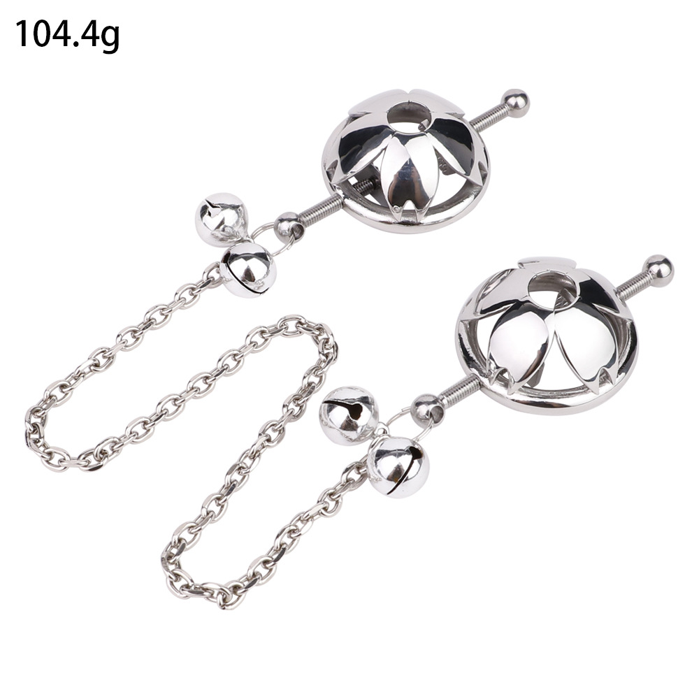 Bondage Bra with Flower Nipple Clamps - Metal/PU Leather/Pearl