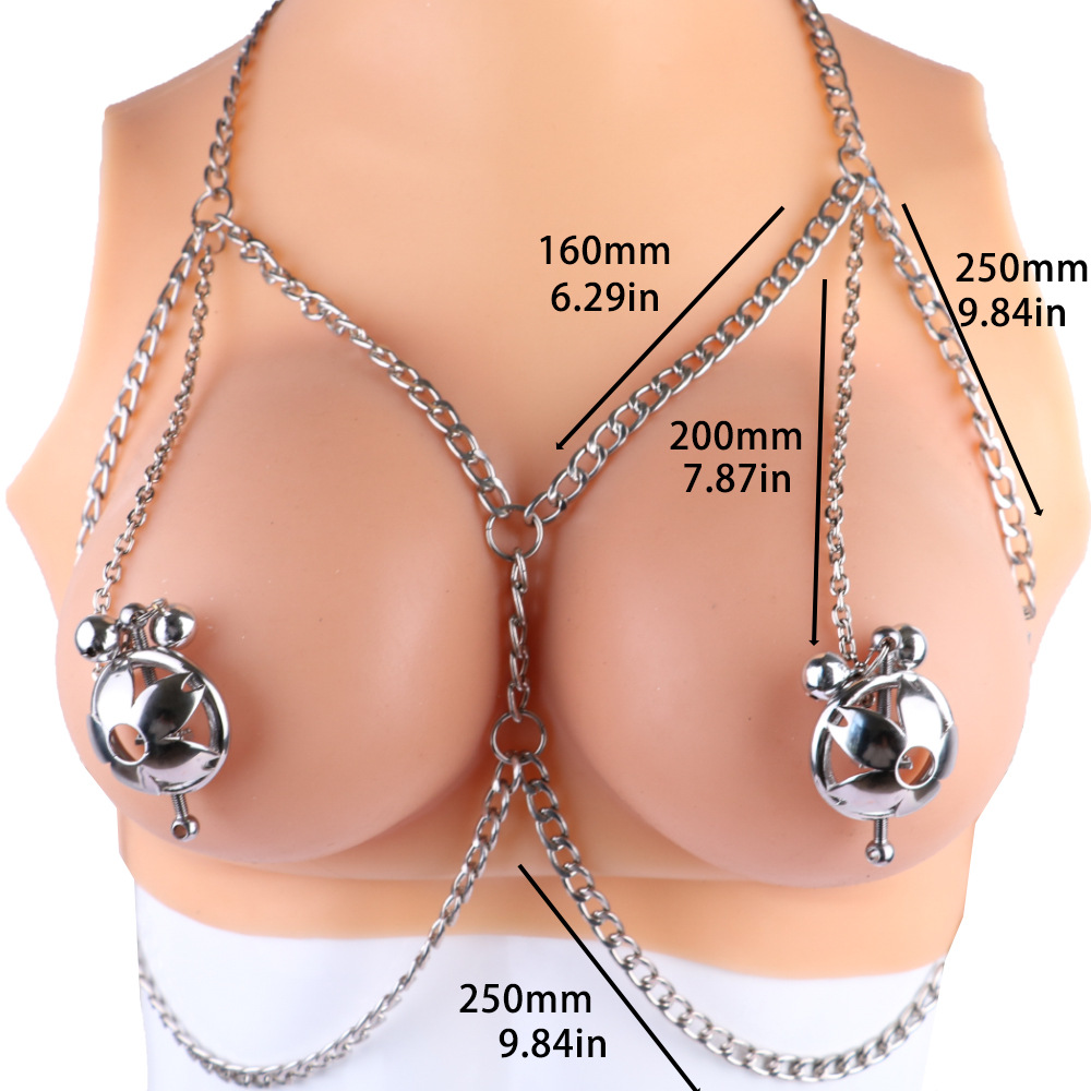 Bondage Bra with Flower Nipple Clamps - Metal/PU Leather/Pearl