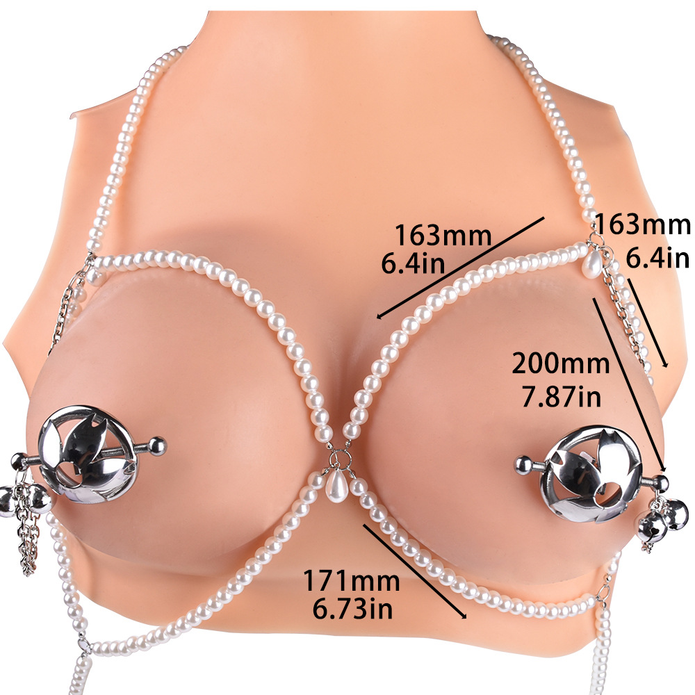 Bondage Bra with Flower Nipple Clamps - Metal/PU Leather/Pearl