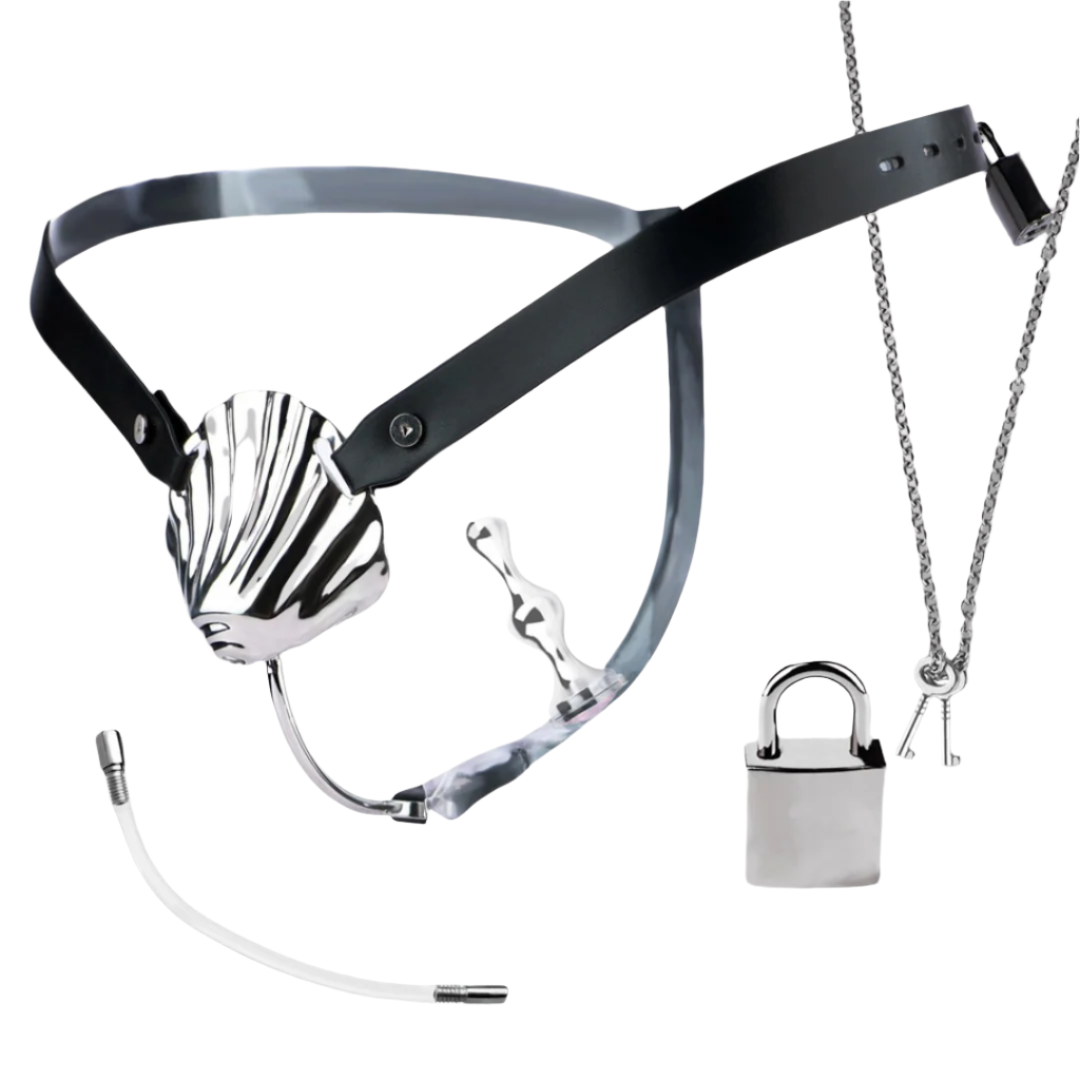 Sexy Shell Chastity Belt with Anal Plug and Urethral Catheter