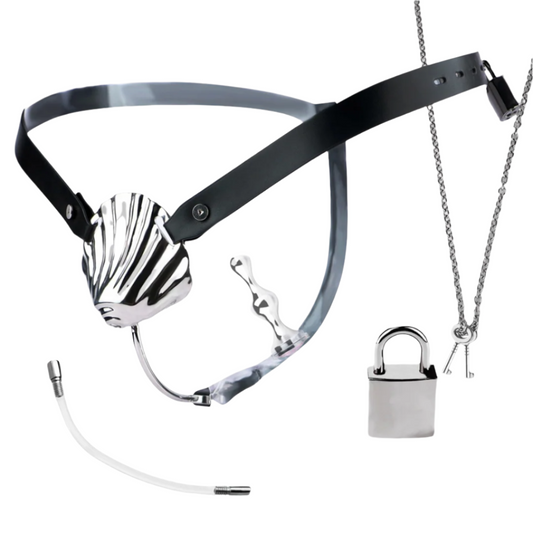 Sexy Shell Chastity Belt with Anal Plug and Urethral Catheter