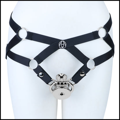 Mirror Polish Flat and Inverted Chastity Cage – Inverted Long (60 mm) with black support belt